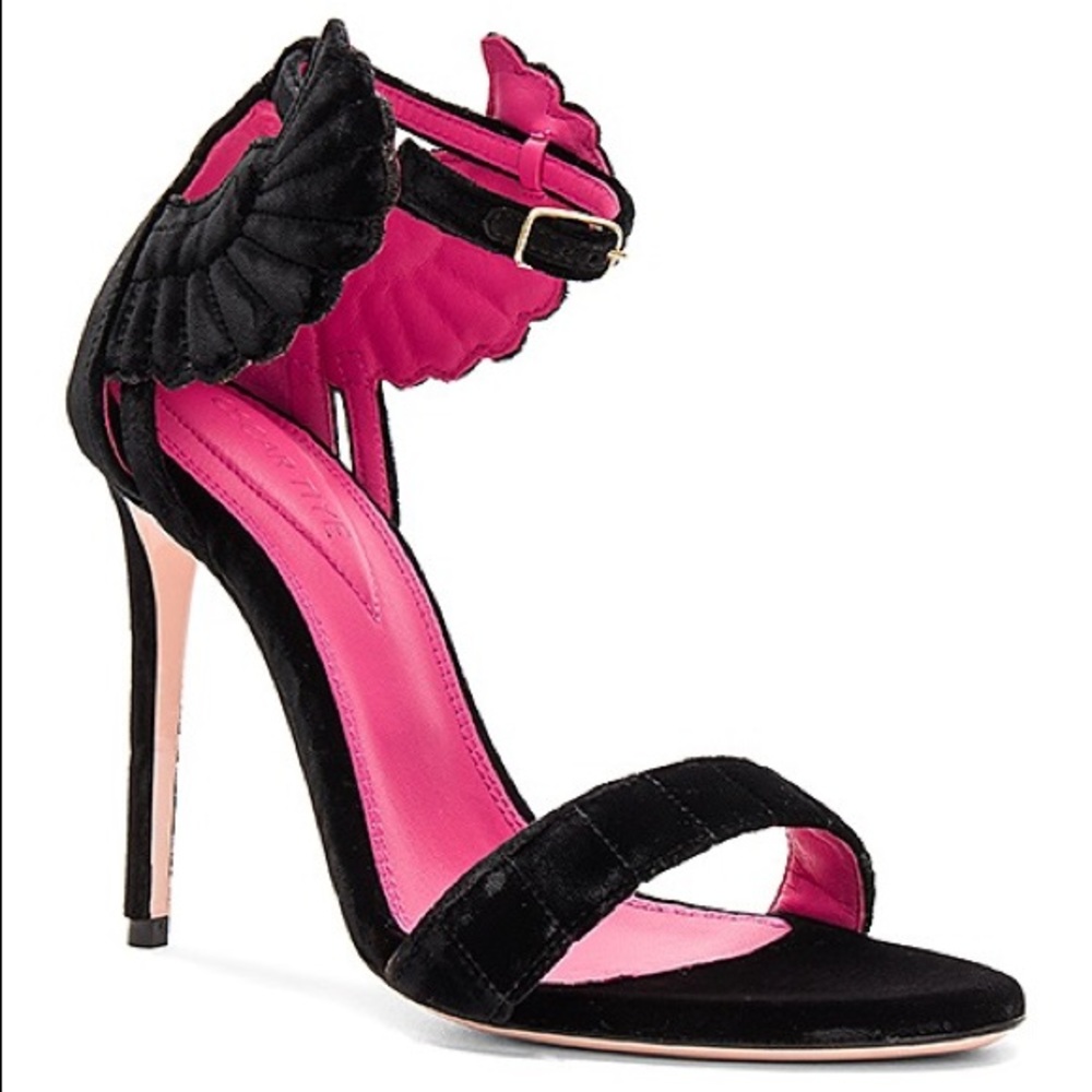Oscar Tiye NWOT Black Velvet Malikah Heels Wings Velour Pink Luxury Stiletto 9.5